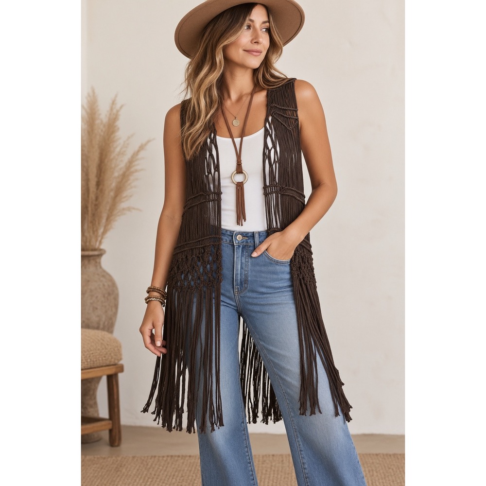 Daytrip Womens Brown Macrame Fringe Vest Boho Festival Open Front Size L